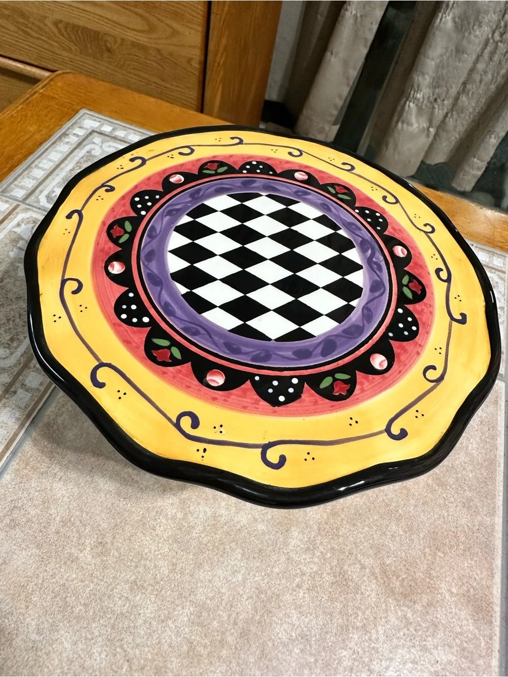Colorful Hand-Painted Pedestal Cake Stand - Yellow, Purple & Black